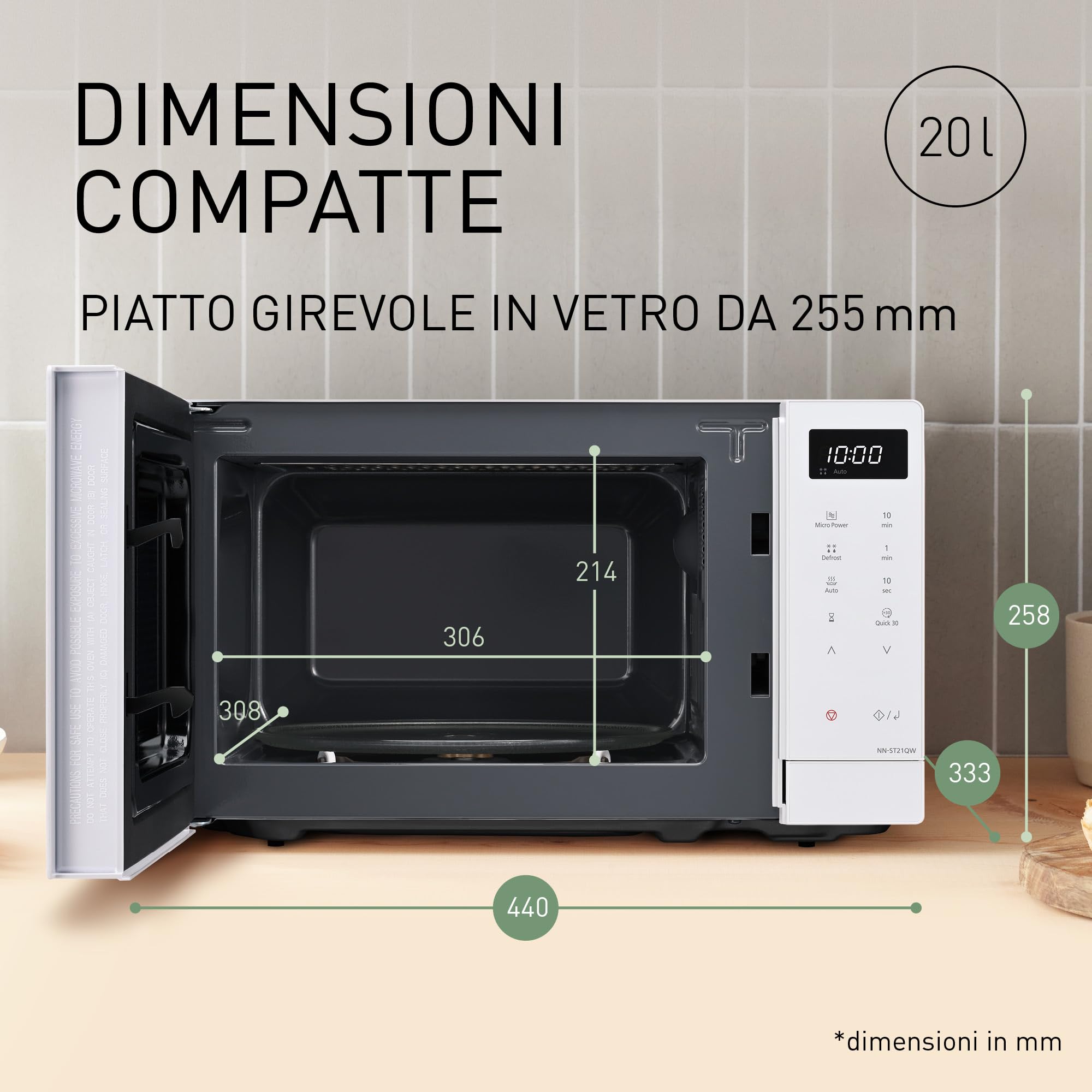 Panasonic NN-ST21QWEPG Solo Forno a Microonde 20L con Piatto in Vetro, 800W, Scongelamento Automatico, 11 Programmi Automatici, Display LED, 5 Impostazioni di Potenza, Timer Digitale, Bianco