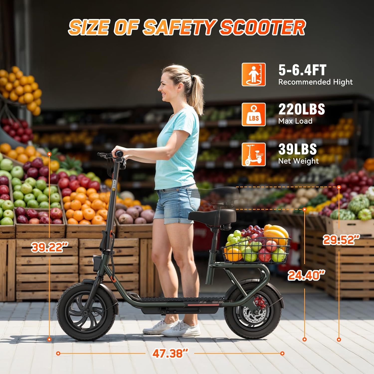 TST Electric Scooter with key dimensions and weight specifications.