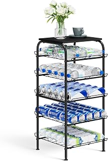 Vrisa 5 Tier Water Bottle Storage Rack Vertical Freestanding Bottled Water Organizer Large Capacity Beverage Drink Soda Can Holder Stand for Kitchen Pantry Home Party Food Storage, Black