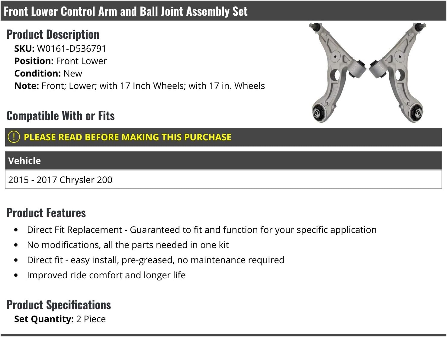 Front Lower Control Arm and Ball Joint Assembly - Set of 2 - Compatible with 2015-2017 Chrysler 200 (with 17 Inch Wheels)