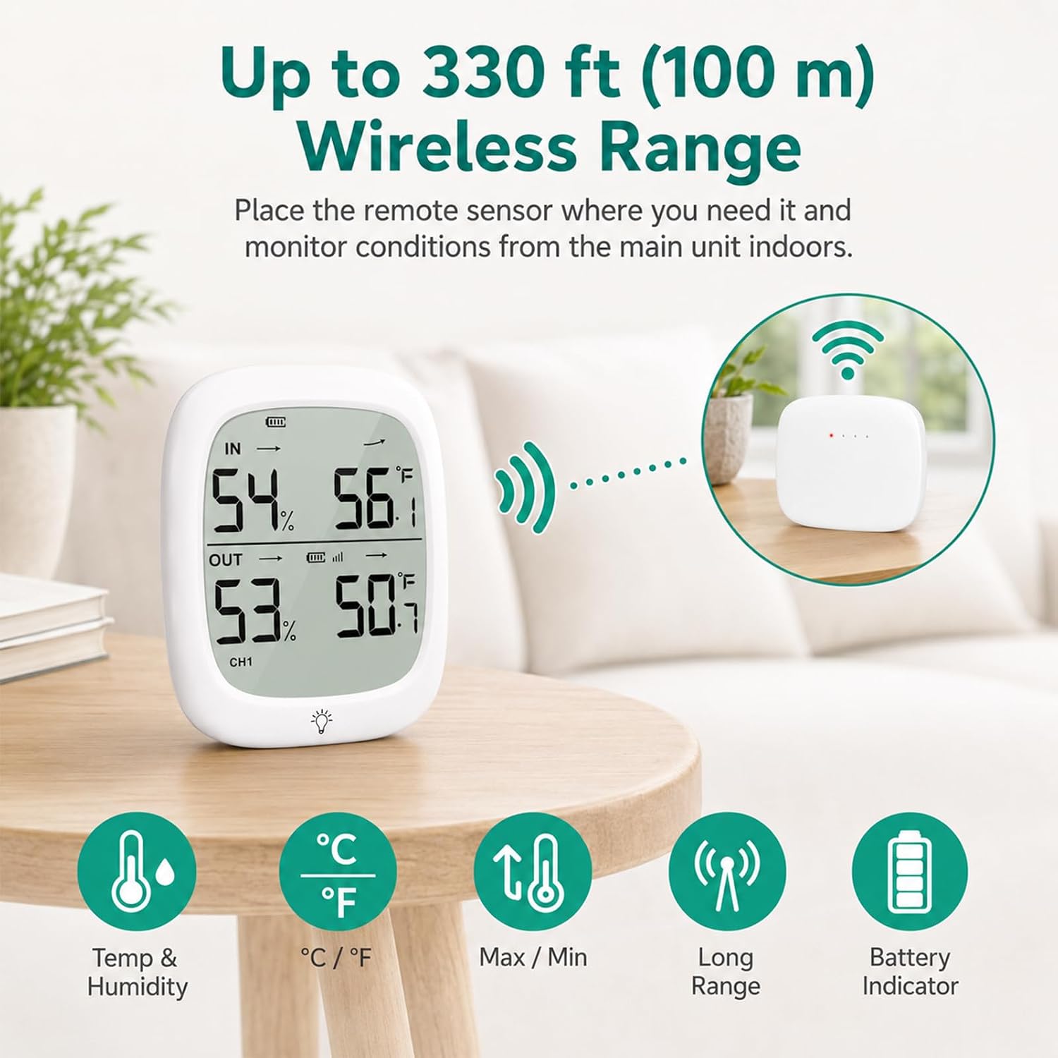 RUIKORING Indoor Outdoor Thermometer Wireless Hygrometer, 330 ft Sensor