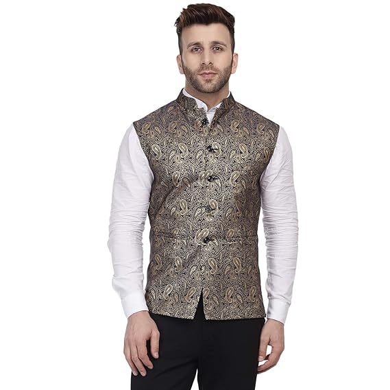 Banarasi Jacquard Print Blue Nehru Jacket