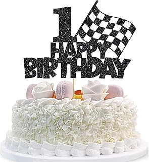 Happy 1st Birthday Cake Topper Car Cake Topper Race Car Cake Decorations for Racing Car Checkered Flag Themed Kids Boy Girl Happy Birthday Party Supplies