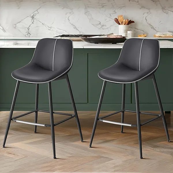 VASAGLE Bar Stools Set of 2, Counter Height Bar Stools with Back, Ergonomic Backrest, Synthetic Leather, Metal Legs, 24.4-Inch Tall Barstools for Kitchen Island Home Bar, Easy Assembly, Ink 