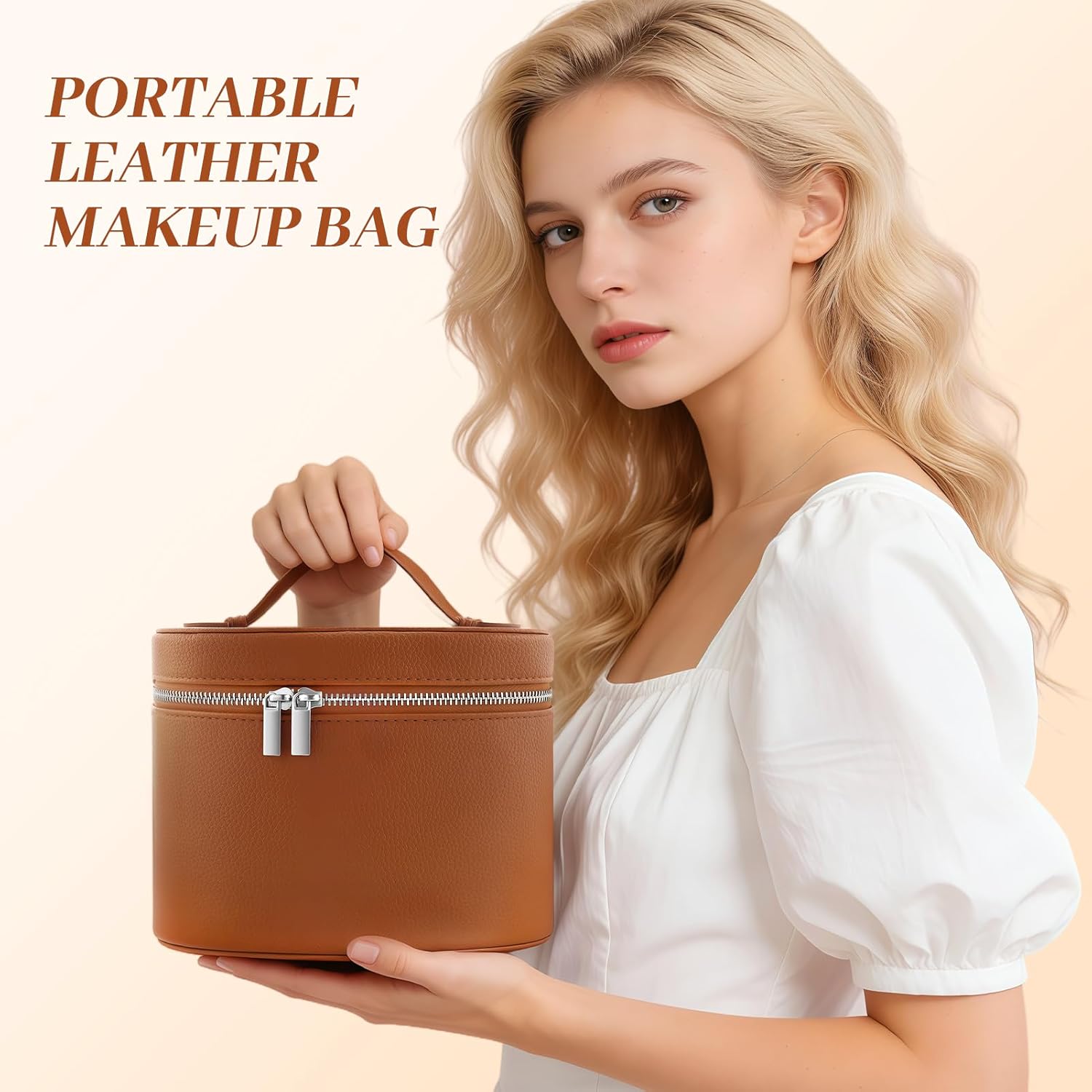 Zkptops Leather Makeup Bag Toiletry Bag Vanity Case Brown Makeup Bags Cosmetic Case for Women Travel Make Up Bags Organizers Portable Make Up Pouch Organizer with A Detachable Divider and Handle