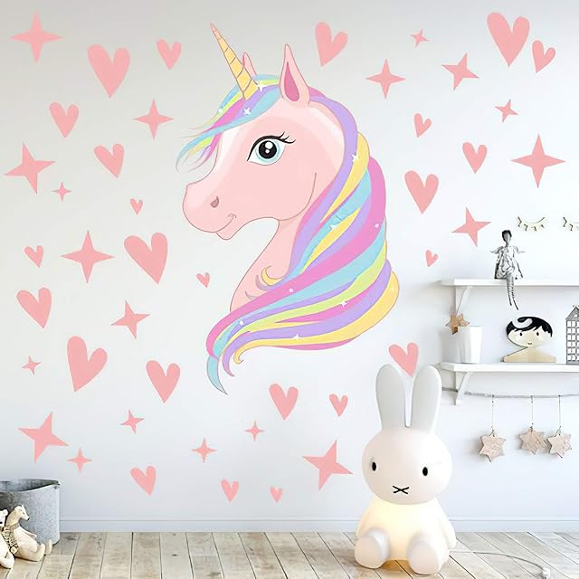 Senua Pink Unicorn Wall Decals Stars Love Hearts Stickers For Girls Babies Children Teens Kids Bedroom Nursery Christmas Birthday Party Decoration