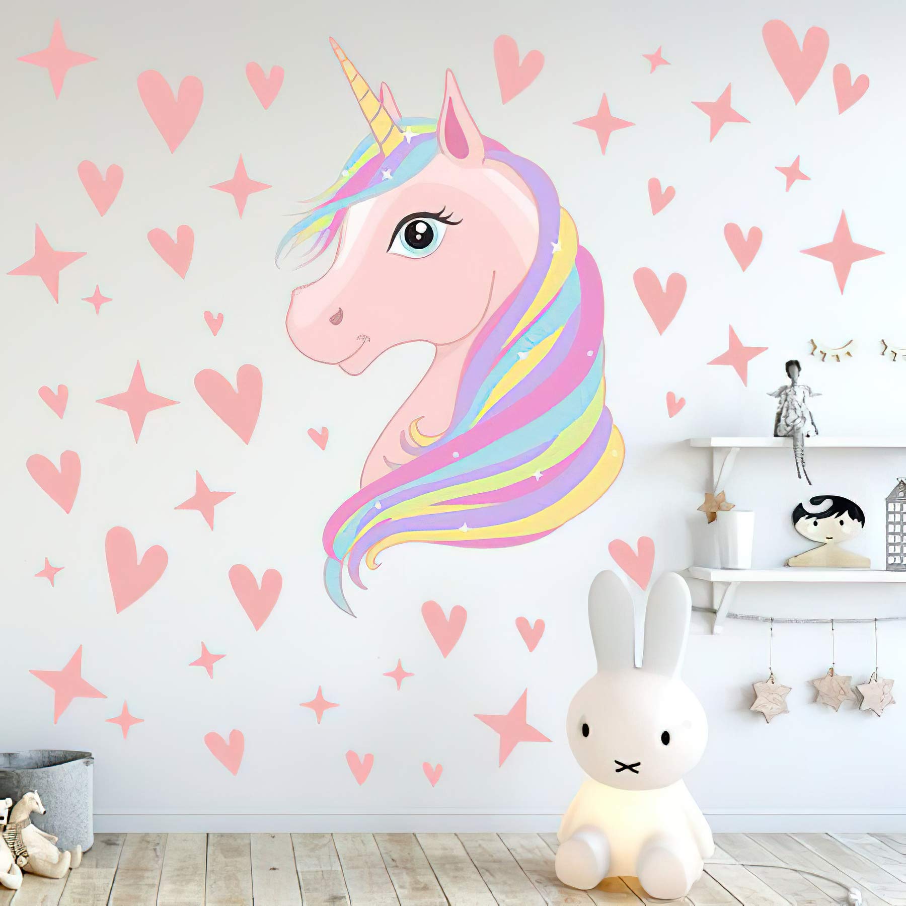 Senua Girls Pink Unicorn Wall Decals Stars Love Hearts Stickers For Babies Children Teens Kids Bedroom Nursery Christmas Birthday Party Decoration