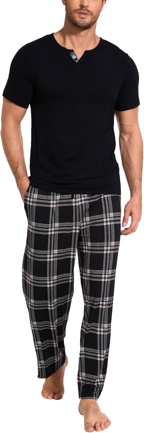 GYS Men's Pajamas Set Short Sleeve Sleepwear Soft Pjs Top with Pants Cool Loungewear Set,Viscose Made from Bamboo