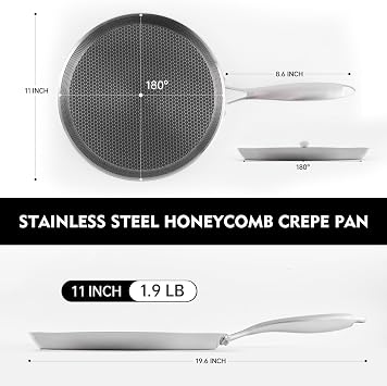 Stainless Steel Crepe Pan,11 inch Nonstick Crepe Pan, Coating Flat Skillet Pancake Pan, Non Stick Honeycom Pizza Tawa Dosa Tortilla Griddle Pan, Induction Compatible, PFOA Free 11 Inch