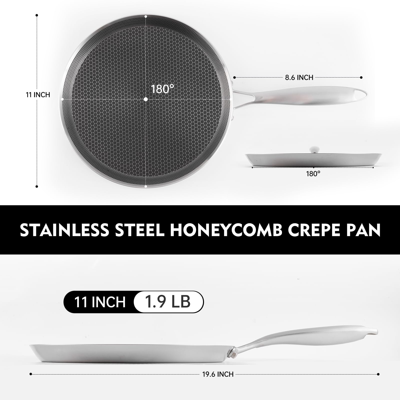 Honeycom - Padella per crepe antiaderente in acciaio inox, 28 cm, compatibile con induzione, senza PFOA (28 cm)