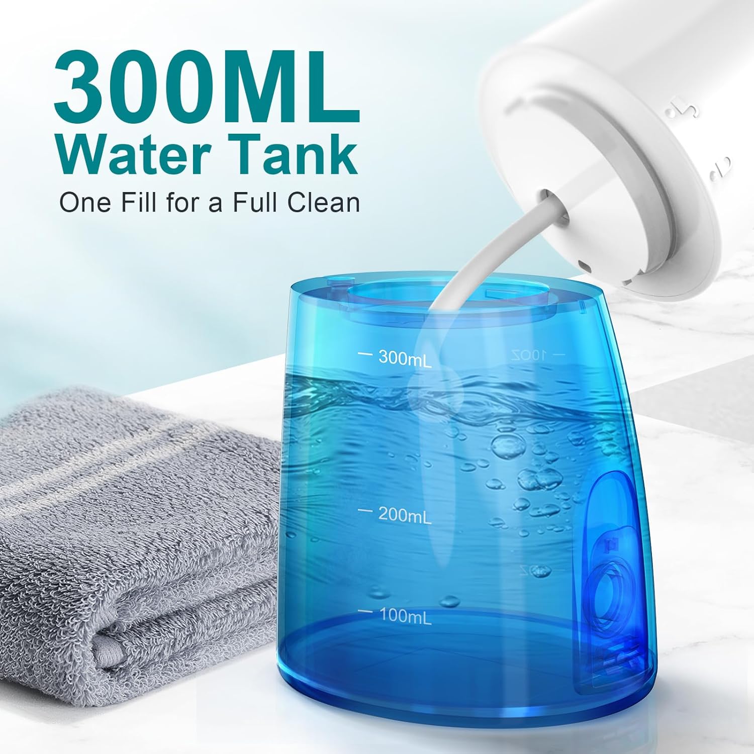 Close-up of the 300ml water tank being filled