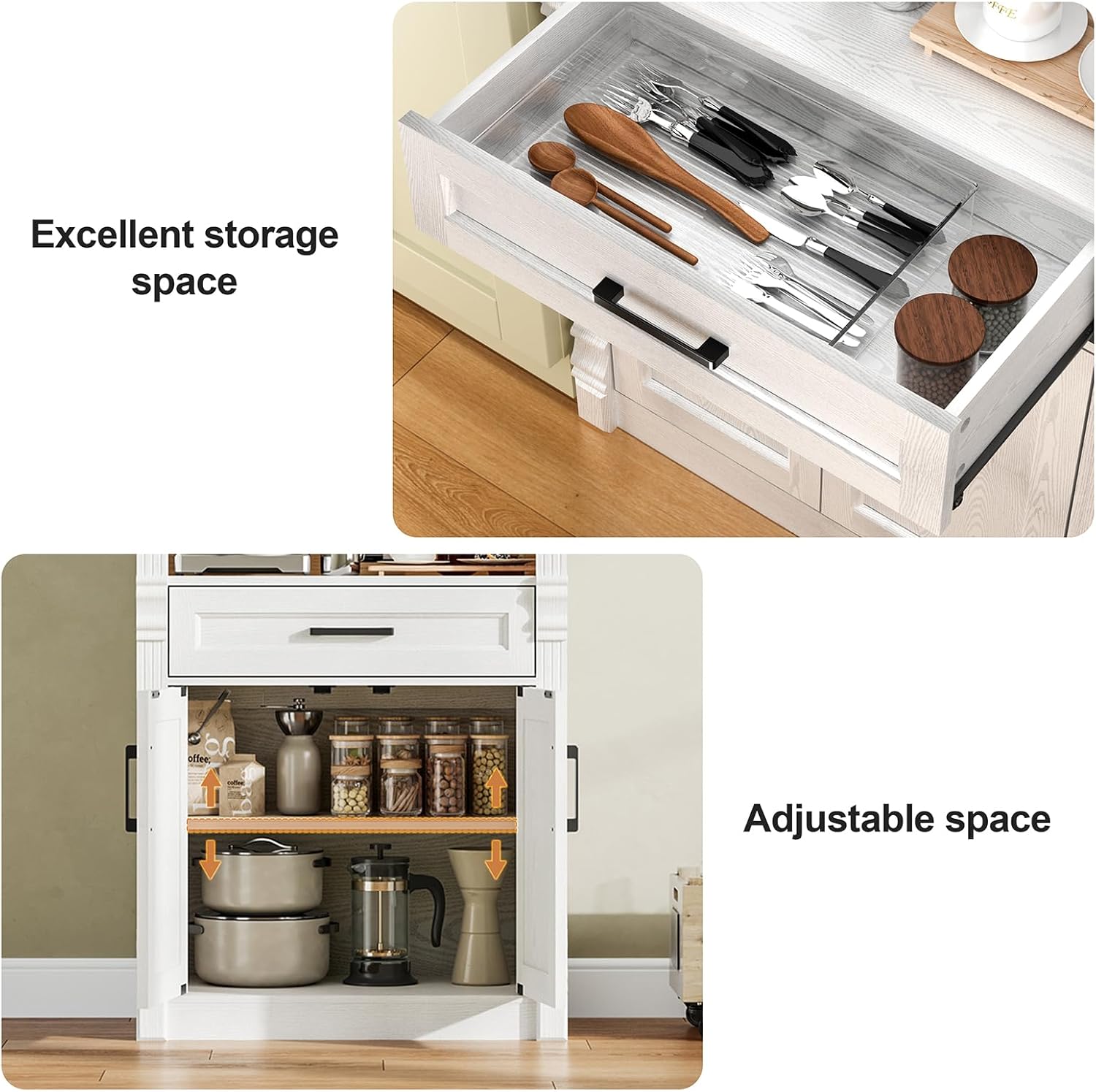 Rresyet 70.9" Tall Kitchen Pantry Storage Cabinet, Modern Kitchen Hutch Bar Cabinet with Lights, Freestanding Food Pantry with Adjustable Shelves and Drawer (White)