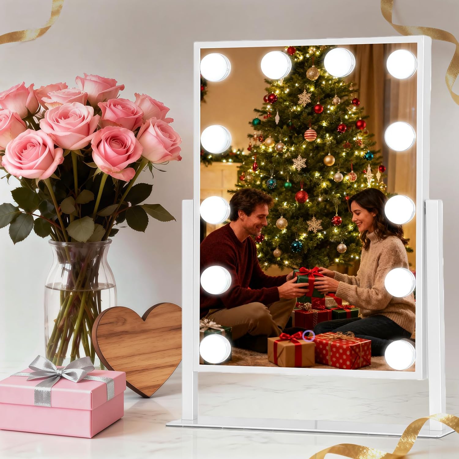 Hollywood Vanity Mirror with Lights 14" x 19", 10x Magnifying, 12 LED Bulbs, 3 Color Lights and 360° Rotation Desk Lighted Makeup Mirror for Bedroom Dresser College Dorm