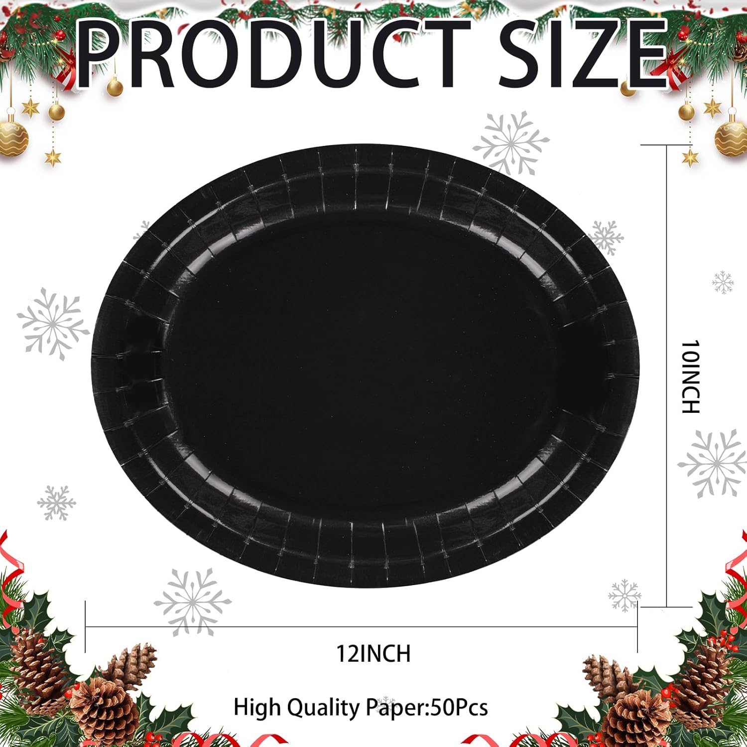 50Pcs Black Oval Paper Plates Decorations 10" x 12" Large Heavy Duty Disposable Black Paper Platters Birthday Party Decorations for BBQ Easter New Year Holiday Lunch Dinner Party Supplies Table Deco - Image 2