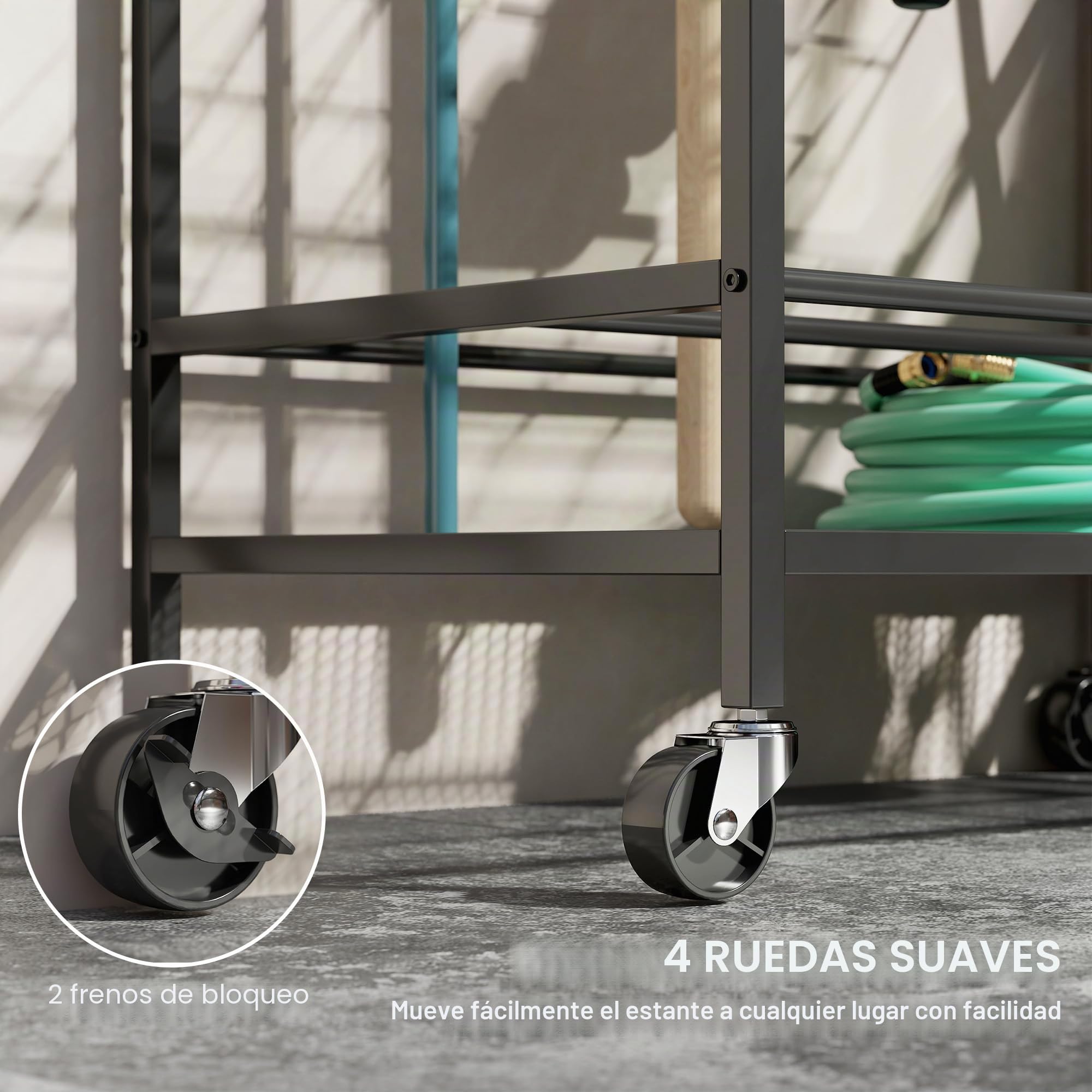 Outsunny - Organizador de herramientas de jardín (54 ranuras, 5 ganchos), color negro | Portaherramientas Garaje Acero Ruedas 3 Niveles, Rastrillos, Almacenamiento Herramientas Jardín