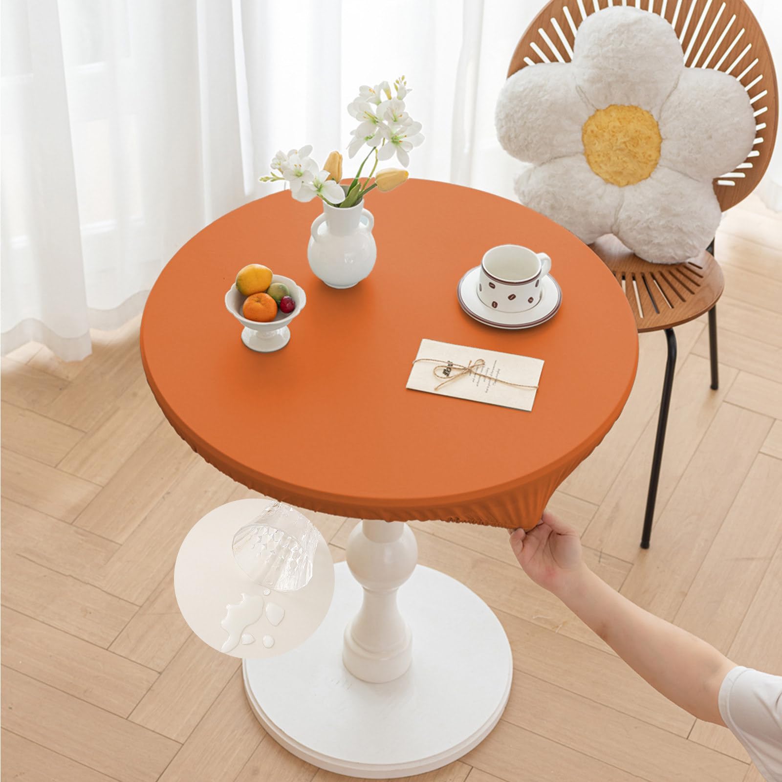 Morbuy Round Tablecloth Outdoor Wipe Clean Waterproof PU Leather Table Cloths Stain Resistant Wipeable Kitchen Table Cover with Elastic Edges for Home Party (Orange,Table Diameter 80cm)