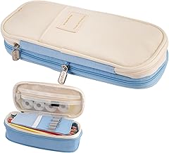 EXIN DECHEN Large School Pencil Case, Expandable Pencil Case, Versatile Zipper Pencil Case, Portable Pencil Case for School and Office Supplies (Blue Beige)