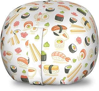 Ambesonne Sushi Storage Toy Bag Chair, Cartoon Unagi Roll Nigiri and Wasabi Sauce Yummy Fresh Food Concept, Stuffed Animal Organizer Washable Bag, Small Size, Multicolor