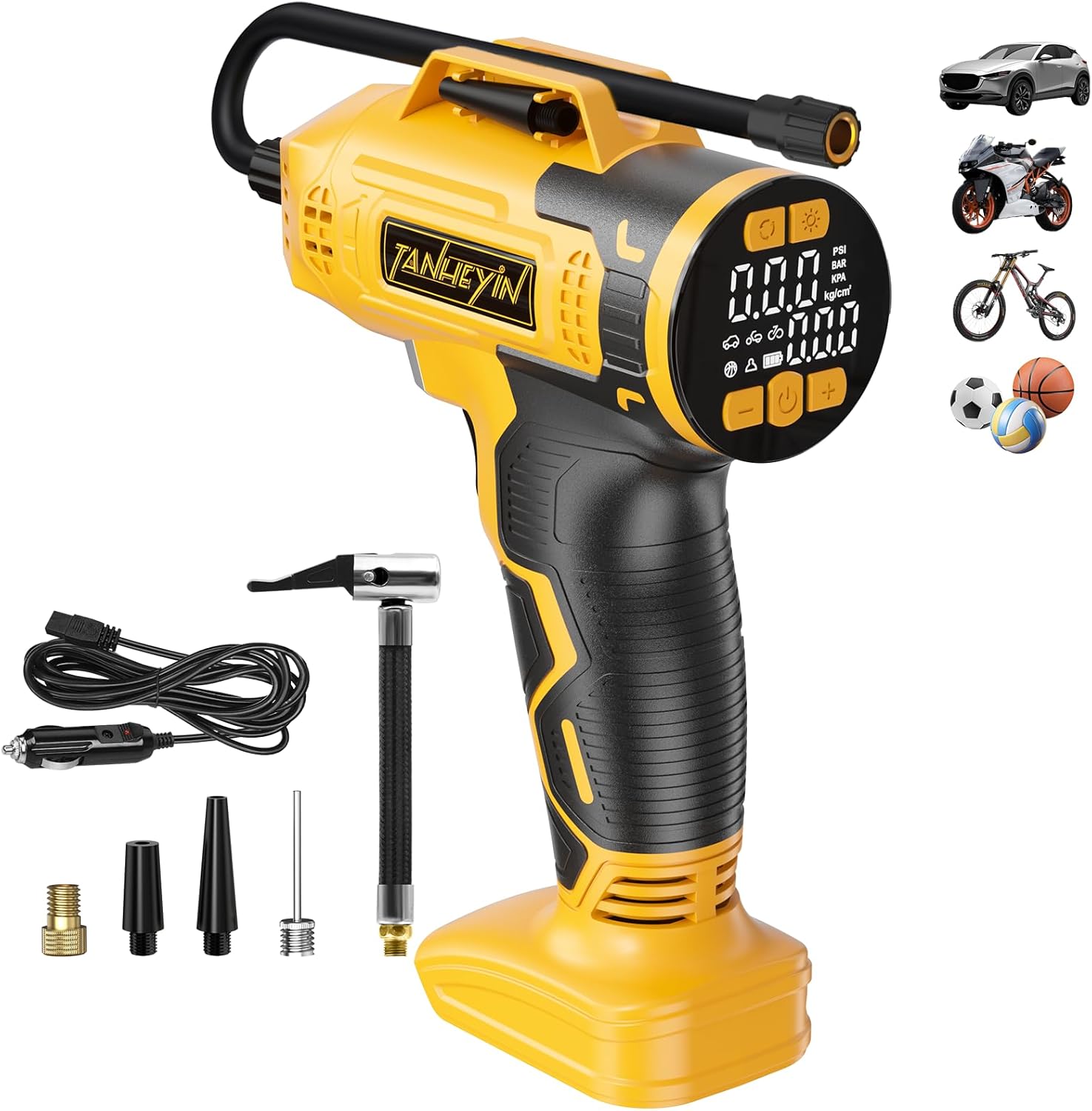 Tire Inflator Portable Air Compressor Compatible with Dewalt 20V Battery, DC 12V Car Power Supply, 160PSI Cordless Air Pump with LCD Pressure Gauge, LED Light, 5 Preset Modes for Car, Bike, Ball