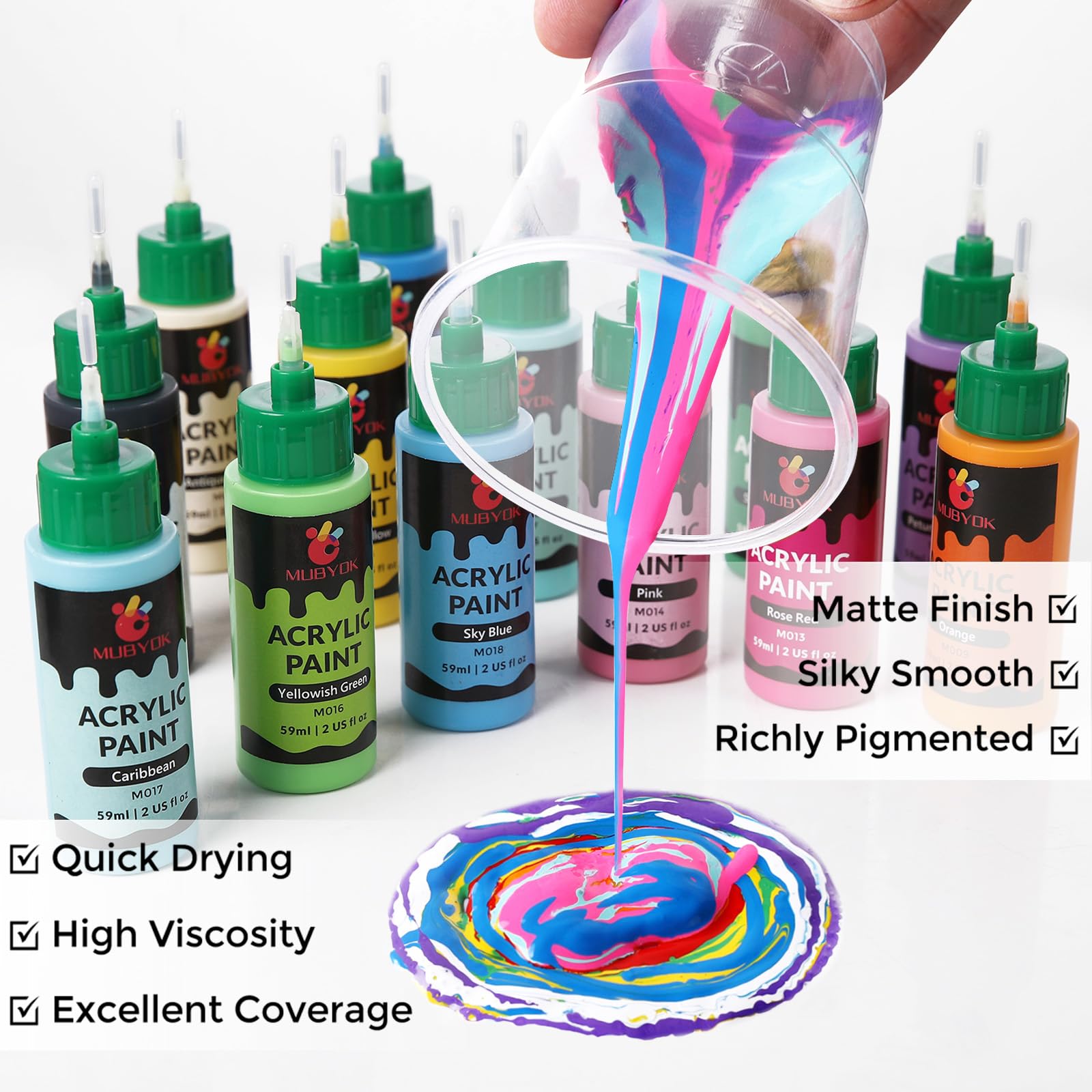 MUBYOK Juego de pintura acrílica mate de 2 onzas con tapa aplicadora de precisión para pintura fresca de coche, suministros de dibujo y arte, suministros frescos para adultos (paquete de 16)
