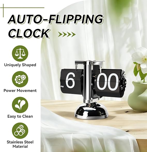Retro Flip Down Desk Clock, Vintage Digital Flip Desk Clock with Stainless Steel Base and Large Number Display Mechanical Auto Flip Clock Desk Clock for Home Livingroom Study (Black)