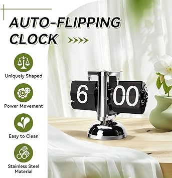 Retro Flip Down Desk Clock, Vintage Digital Flip Desk Clock with Stainless Steel Base and Large Number Display Mechanical Auto Flip Clock Desk Clock for Home Livingroom Study (Black)