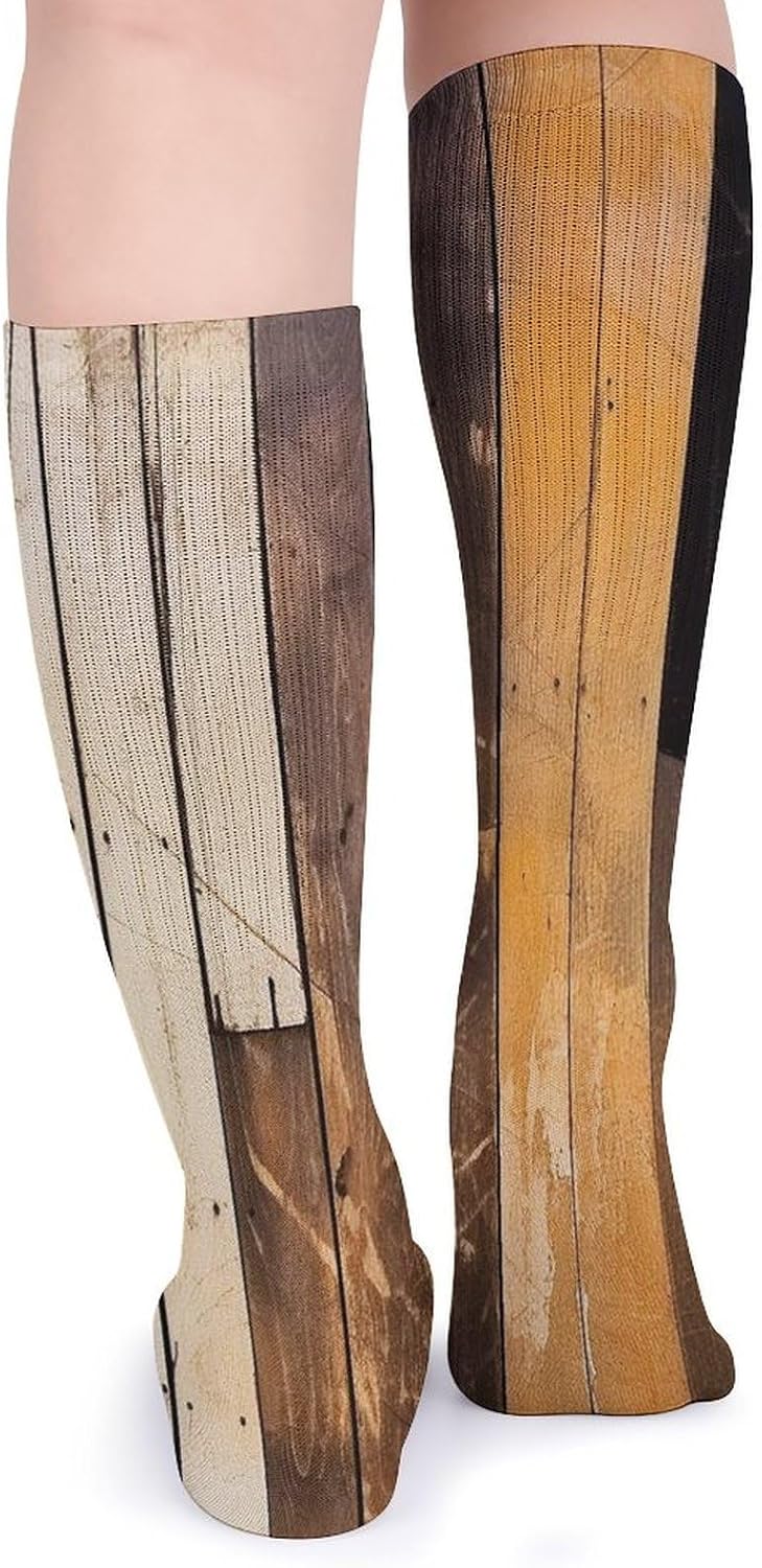 Breathable Crew Sock, Moisture Wicking, Athletic Calf Socks, Cozy | Rustic Wooden Compression Socks for Women Men, Lightweight High Work Socks for Business, Casual