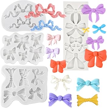 4 PCS Bow Silicone Molds Mini Bow Fondant Mold Cute Soap Epoxy Resin Mold Cartoon Cake Candy Chocolate Molds for Sugarcraft Cake Decorating DIY Desserts Clay