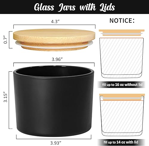 Miniatura 3 de Paquete de 6 tarros de vela de 16 onzas, 3 mechas de vidrio negro mate con tapas de bambú para hacer velas, contenedor grande de vela de boca ancha