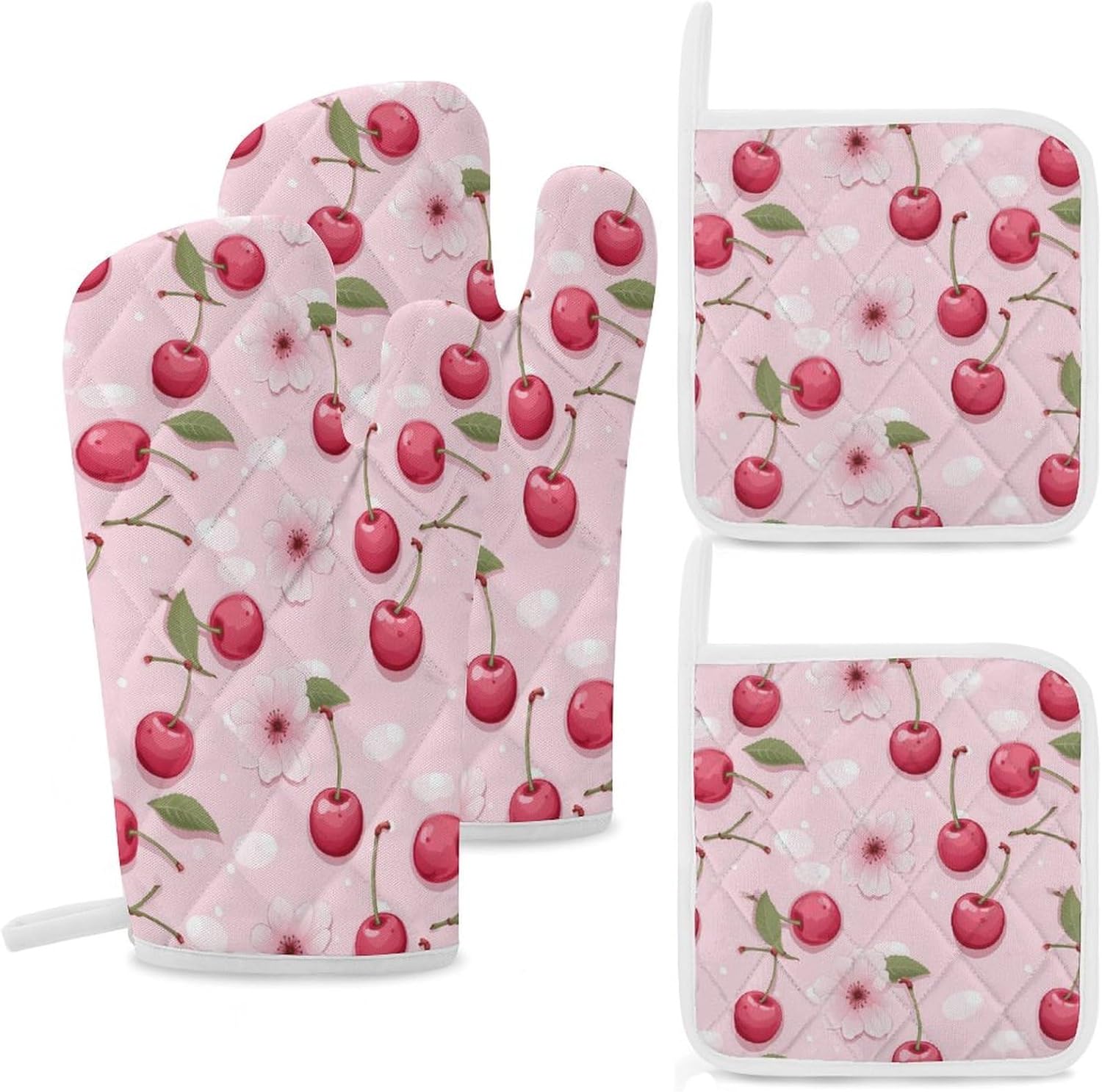 Cherry 4 Pcs Oven Mitts and Pot Holders Set High Heat Resistant Long Kitchen Oven Glove Potholders