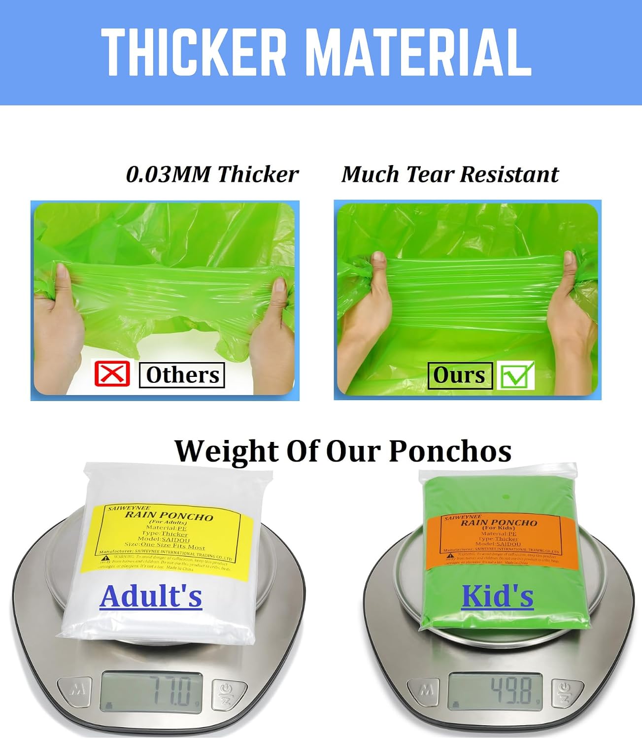Rain Ponchos for Adults, Kids & Family - 4, 8, 9 & 16 Pack Options - Extra Thick, Tear-Resistant with Hood