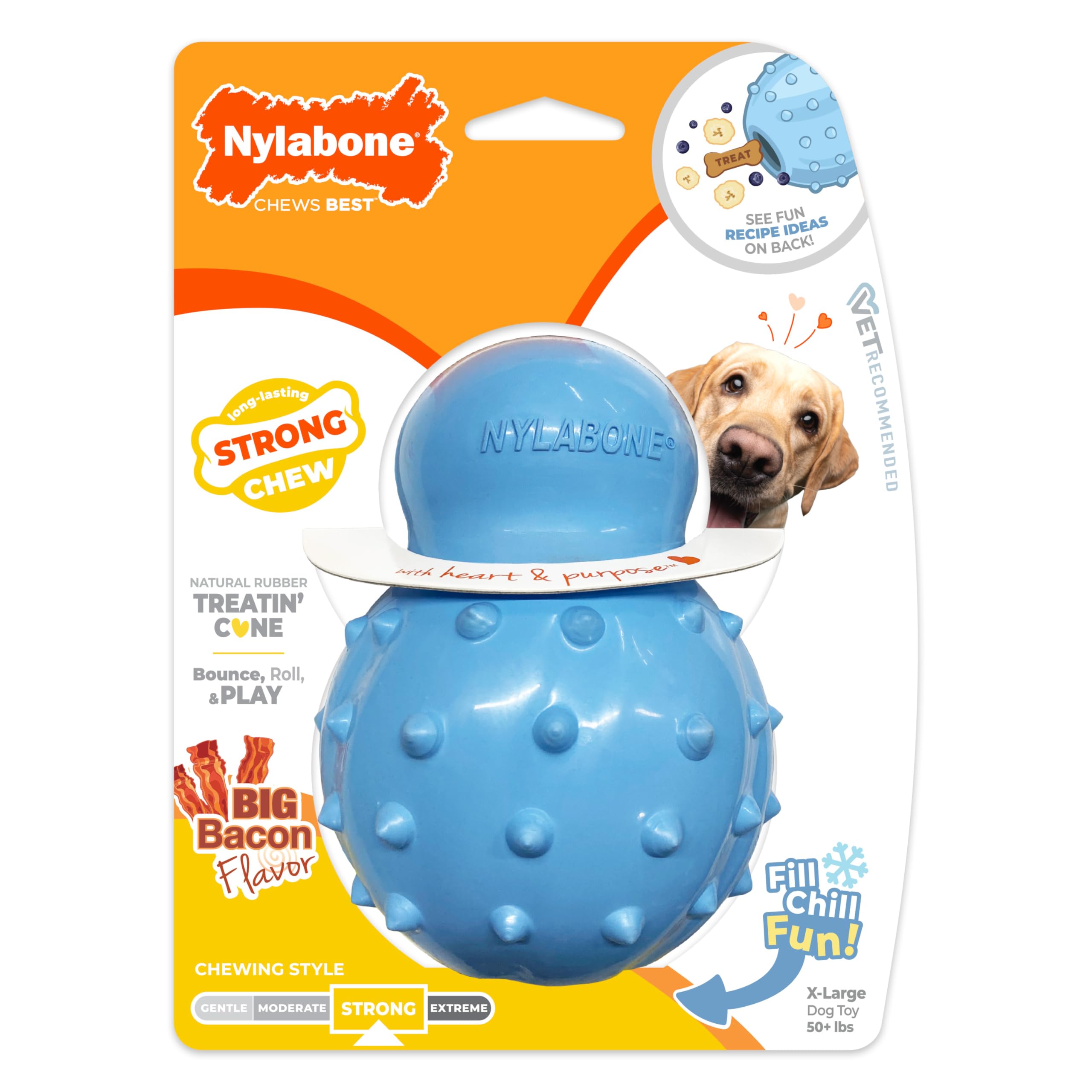 Nylabone Treatin' Cone Starkes füllbares Kauspielzeug für Hunde, Naturkautschuk, befüllbares Leckerli-Spielzeug, Leckerli-Dosierung, Hundespielzeug, Speckgeschmack, Größe XL, 1 Stück