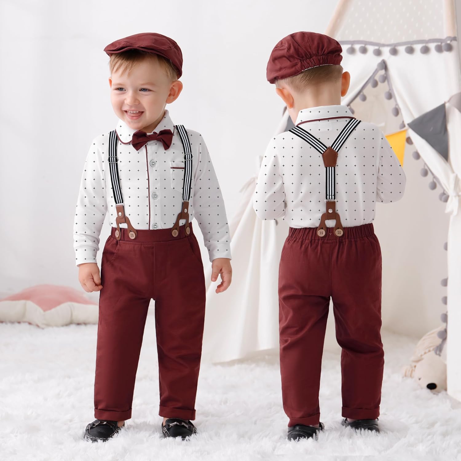 CARETOO Baby Boy Clothes Suit Infant Gentleman Boy Outfits Dress Shirt/Bowtie/Suspender Pants Set 0-18 Months - Image 2