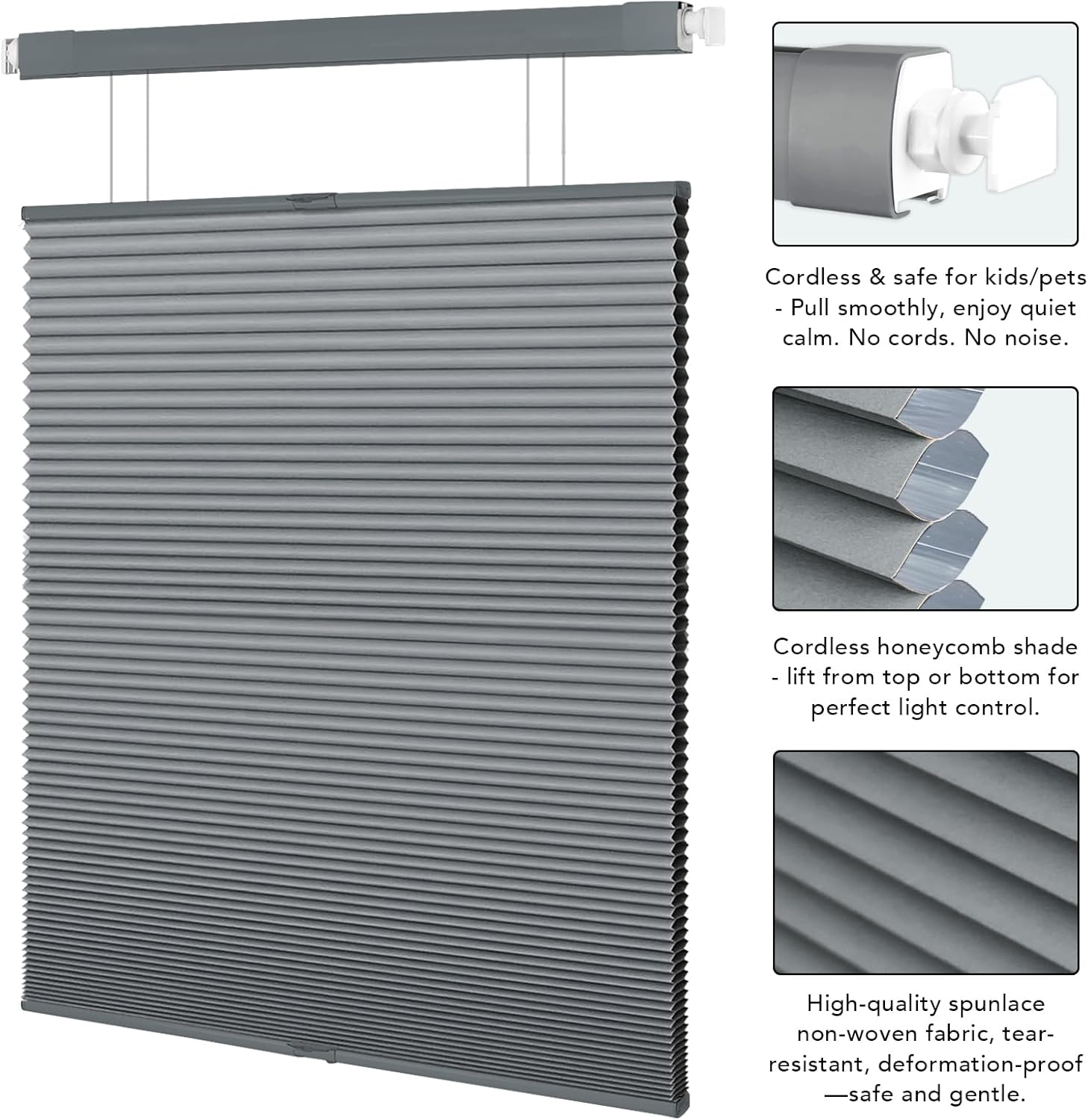 Cordless Cellular Shades - Custom Size Top Down Bottom Up Blackout Honeycomb Blinds for Windows, No Drill No Tools Easy Install, Thermal Insulated, Patio, Bedroom, Bathroom (Blue Gray)