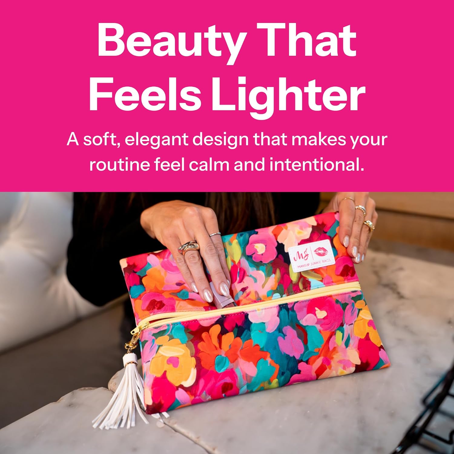Makeup Junkie Large Makeup Bag - Meadow Magic Vogue Velvet - Patented Lay Flat Travel Toiletry Bag for Women - 9.5" x 13" Handmade USA Professional Cosmetic Organizer