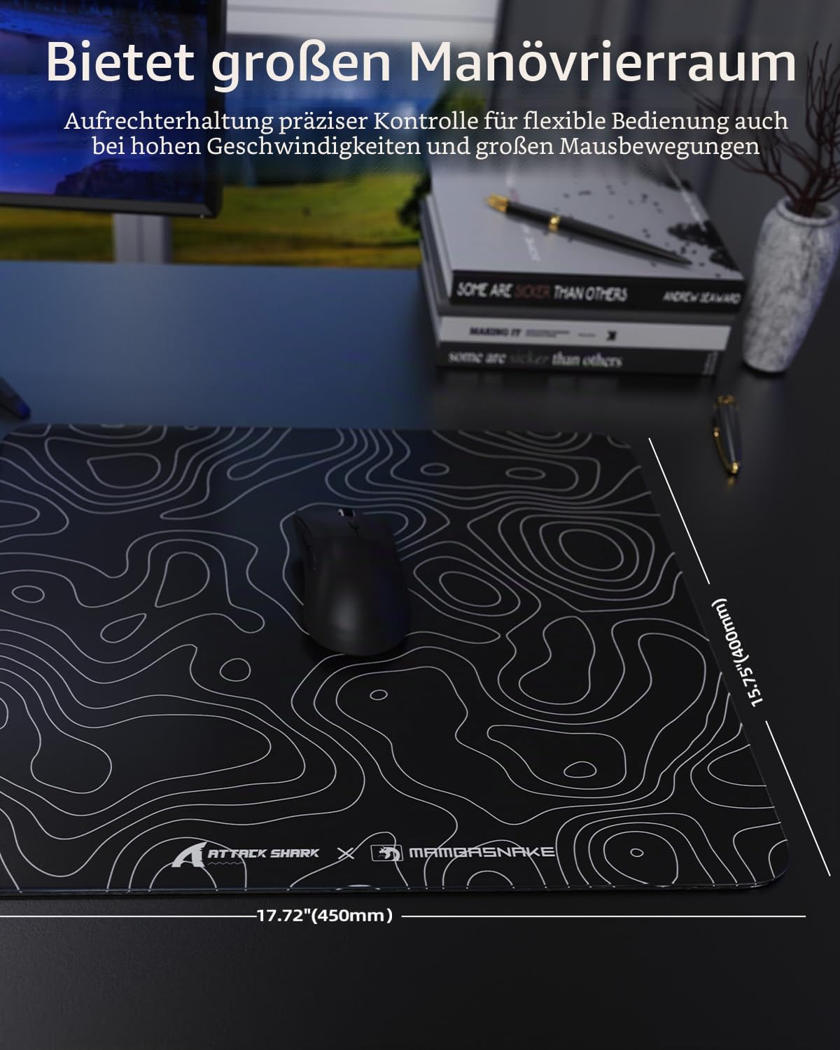 MAMBASNAKE x ATTACK SHARK CM05 Contour Glass Hard Gaming Mousepad,Nano-Micro-Etched Texture,Smooth Glass Surface,High Accuracy,Fast-Moving,Anti-Scratch, PU Leather Non-Slip Base, Large Size(450×400mm)