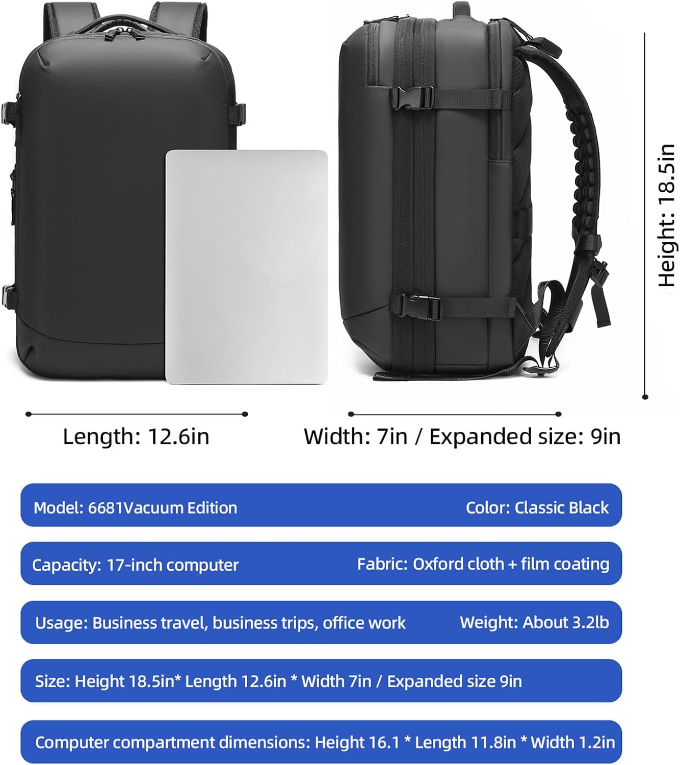 Expandable Business Travel Backpack with Laptop Compartment, Vacuum sealed travel backpack 64L for Business Trip/Commute (6681-ZKB-BLACK)