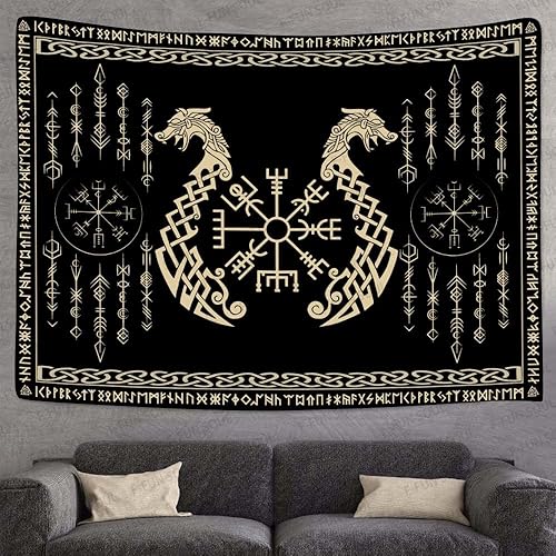 Miniatura 3 de Tapiz de los vikingos nórdicos, franela suave grande de 40 x 30 pulgadas, símbolo Vegvsir gemelos dragones, runa celta escandinava, tapiz de