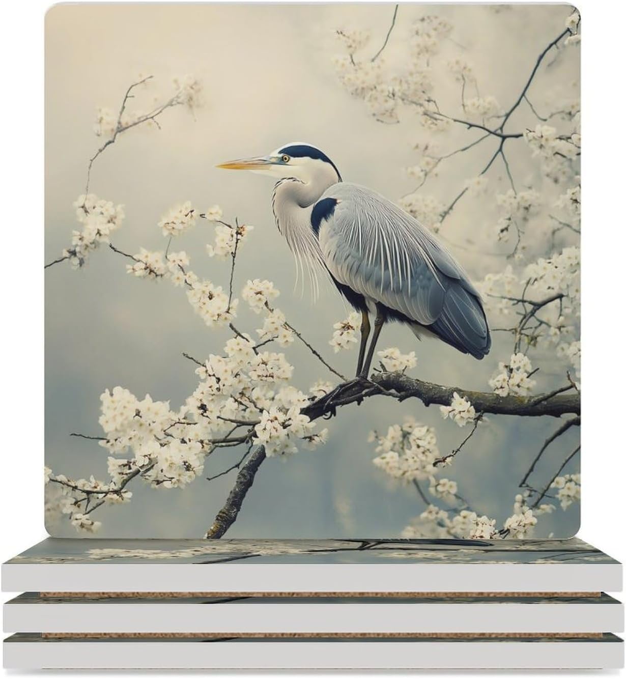 Grey Heron Blue Ceramic Coasters Set Square Drink Coasters Table Coaster for Kitchen Desktop Decor
