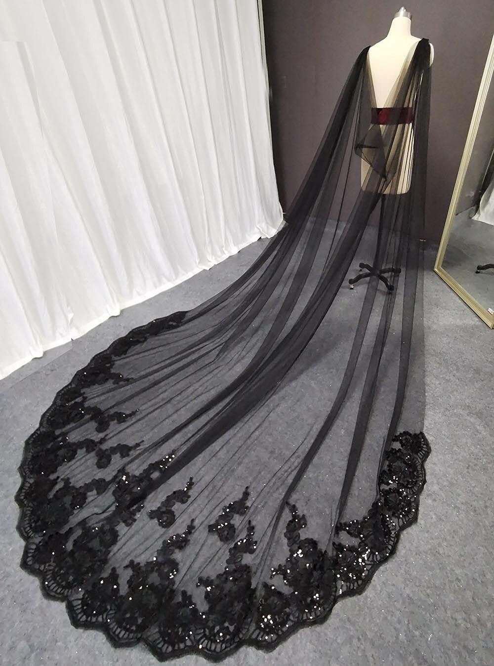 Bruidssluier Zwarte lange sluiers Pailletten Kanten bruidssluier Multi-size bruidssluier 300cm/350cm/400cm Elegante bruidssluier van tule