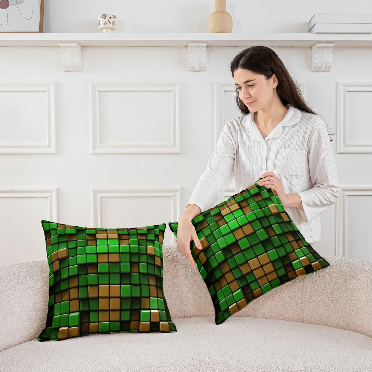 Manfei Pixelated Blocks Kids Throw Pillow Cover,Plaid Video Games Gamepad Double Sides Pillow Case,Geometric Grid Patchwork Abstract Home Decor,Green Brown Bed Couch Sofa Cushion Cover,1 Pack 24"x24" image 5