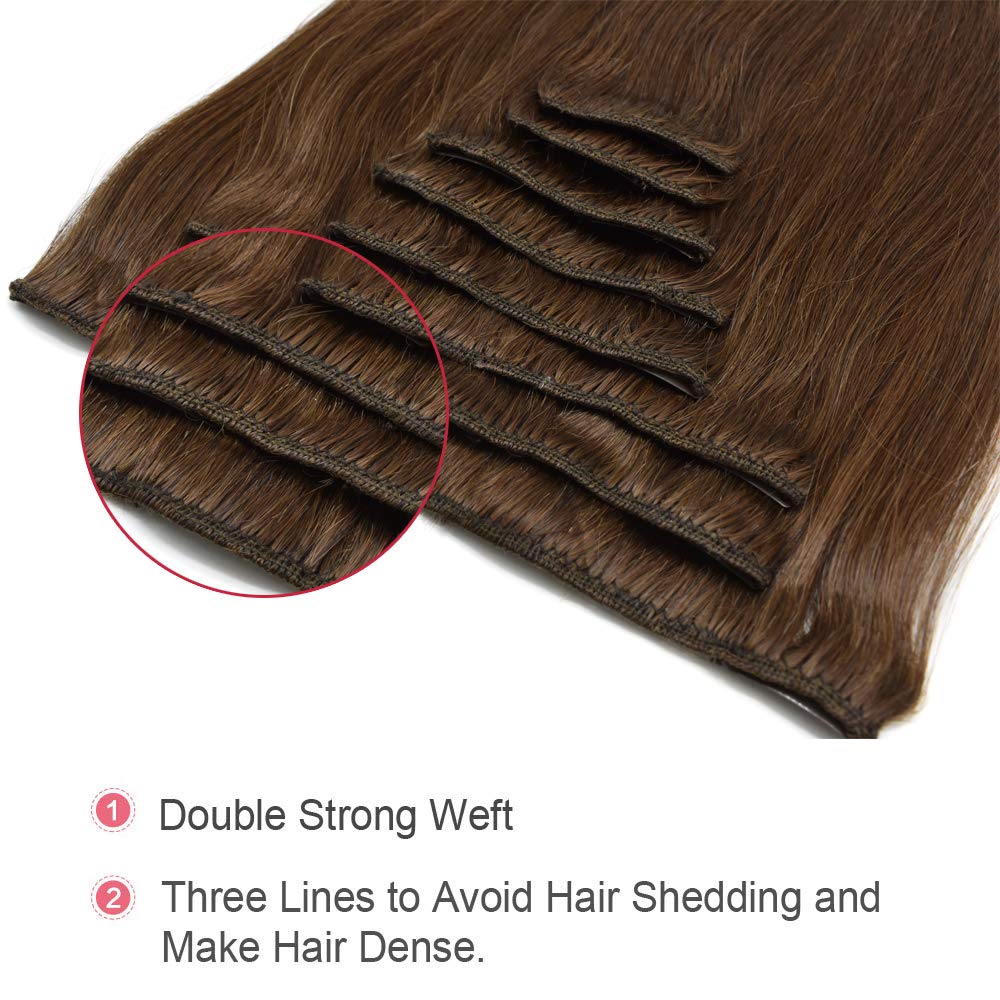 LYRICAL HAIR Clip In 100% Real Remy Human Hair Extensions Full Head Straight Thick Human Hair Extensions Clips in Natual Black to Bleach Blonde 8 Pieces with 18pcs Clips (20'', 4 Medium Brown)