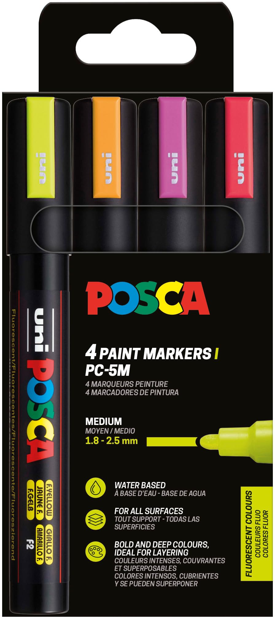 POSCA 182548 - Set de rotuladores POSCA, 4 rotuladores acrílicos neón PC-5M, rotuladores permanentes con punta redonda de 1,8-2,5 mm