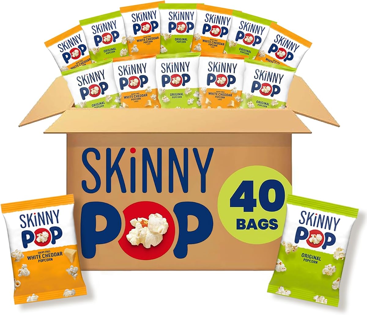 SkinnyPop Popcorn Bags, Original & Dairy-Free White Cheddar Snacks, 40 ct