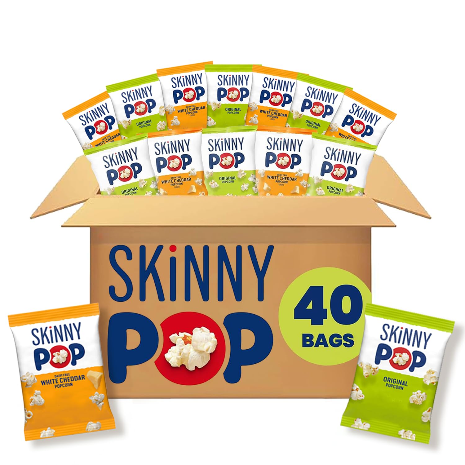 SkinnyPop Popcorn, Original and White Cheddar Variety Pack, Whole Grain, Dairy-Free Snack, 0.5oz (40ct)