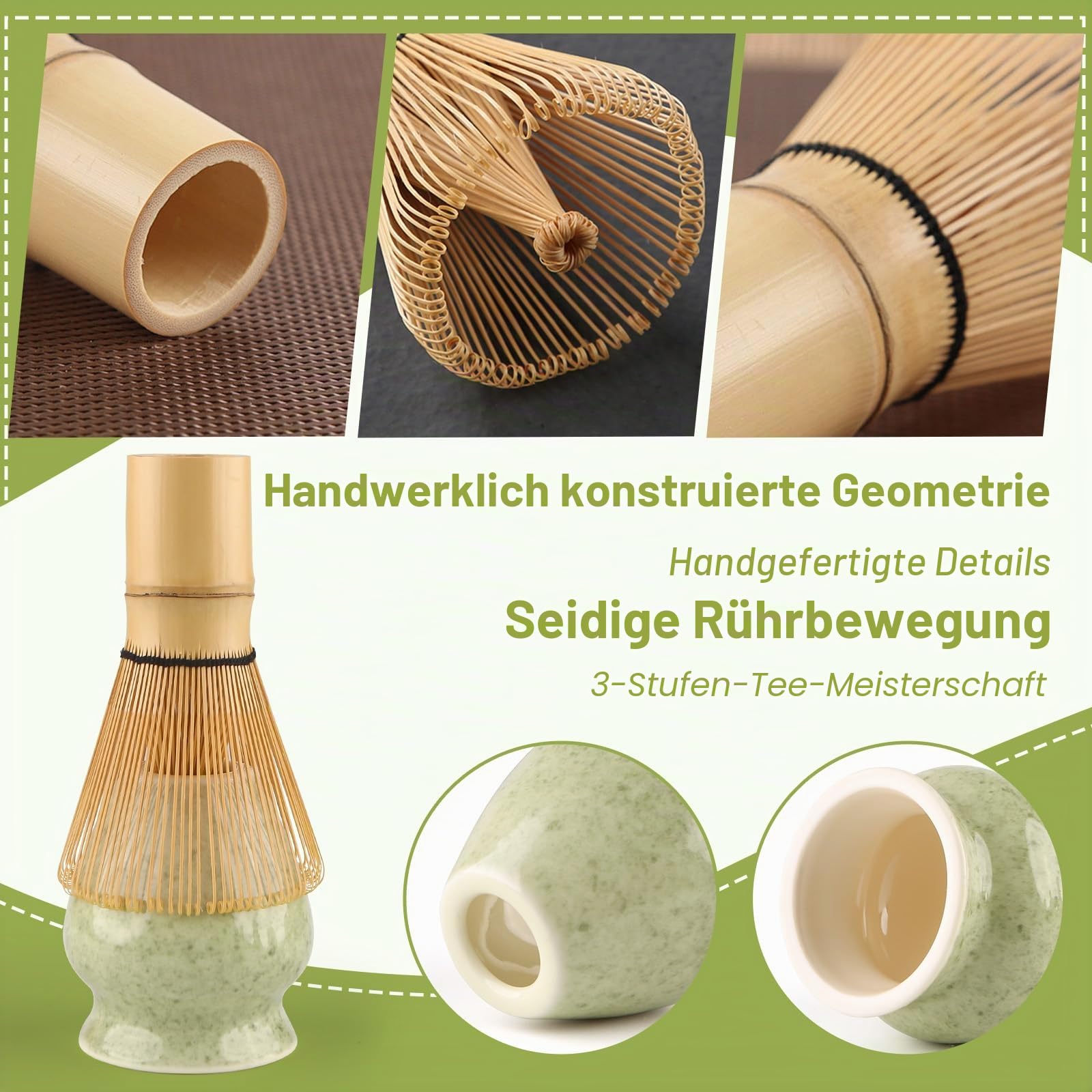 4 Piece Matcha Set, Matcha Broom, Macha Tea Set with Matcha Spoon, Whisk Holder, Matcha Besen, Matcha Zubehör Traditional Japanese Tea Ceremony Best Gift for Matcha Lovers, Grün gesprenkelt
