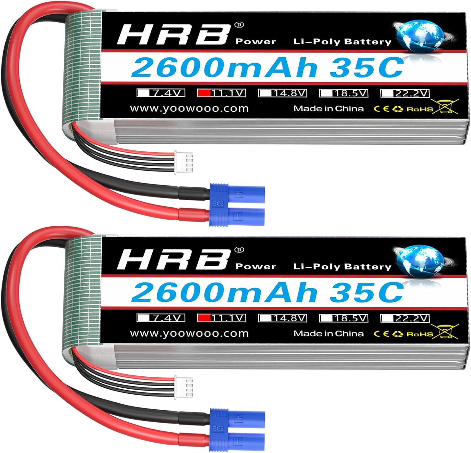 HRB 2PCS 3S 2600mAh Lipo Battery 11.1V 35C EC3 RC Lipo Battery Compatible with RC Quadcopter Airplane Helicopter Car Truck Boat
