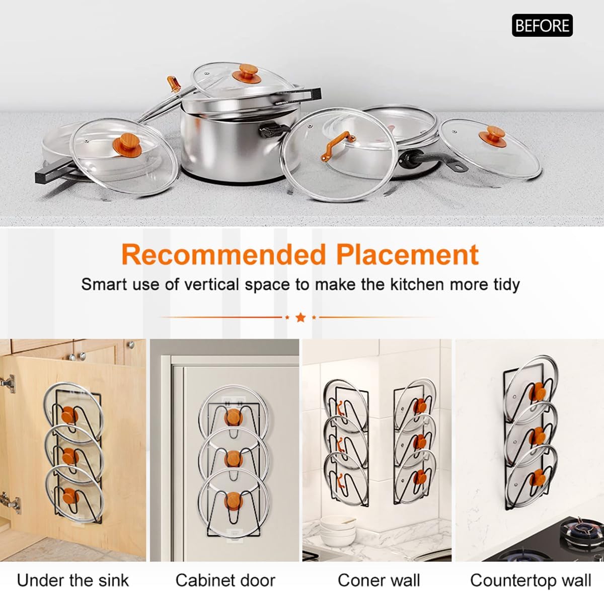 Pot Lid Holders Wall Mounted Pot Lid Shelf Heavy-Duty Pot Lid Stand 3-Layer Space Saving Pot Lid Rack Multipurpose Lid Storage Organizer for Pot Lids Pans Cutting Boards Kitchen Cabinet (Black, 4pcs)