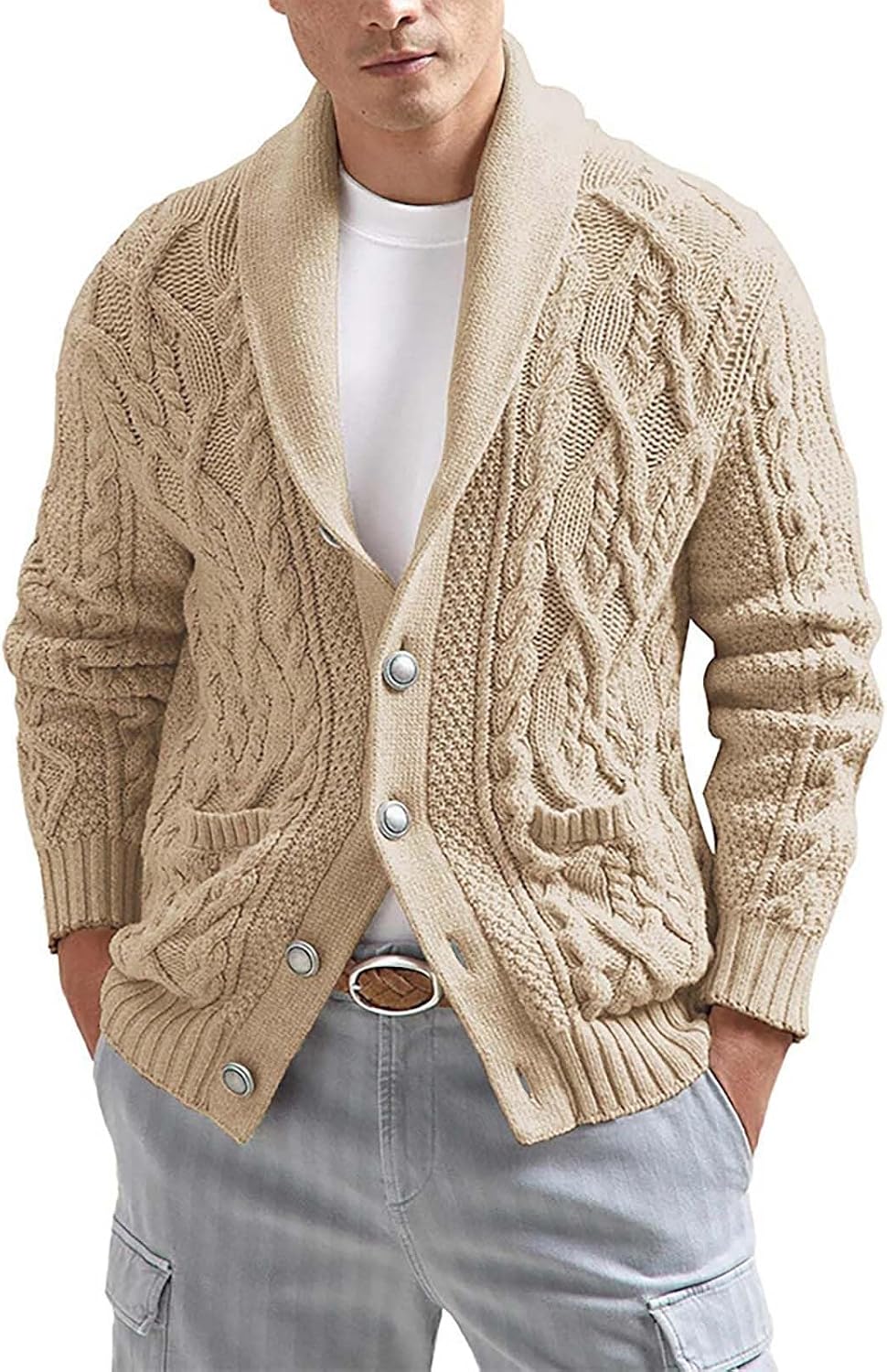 Mens Slimming Twist Knit Cardigan Sweaters Casual Long Sleeve Shawl Collar Button Down Knitted Sweaters with Pockets