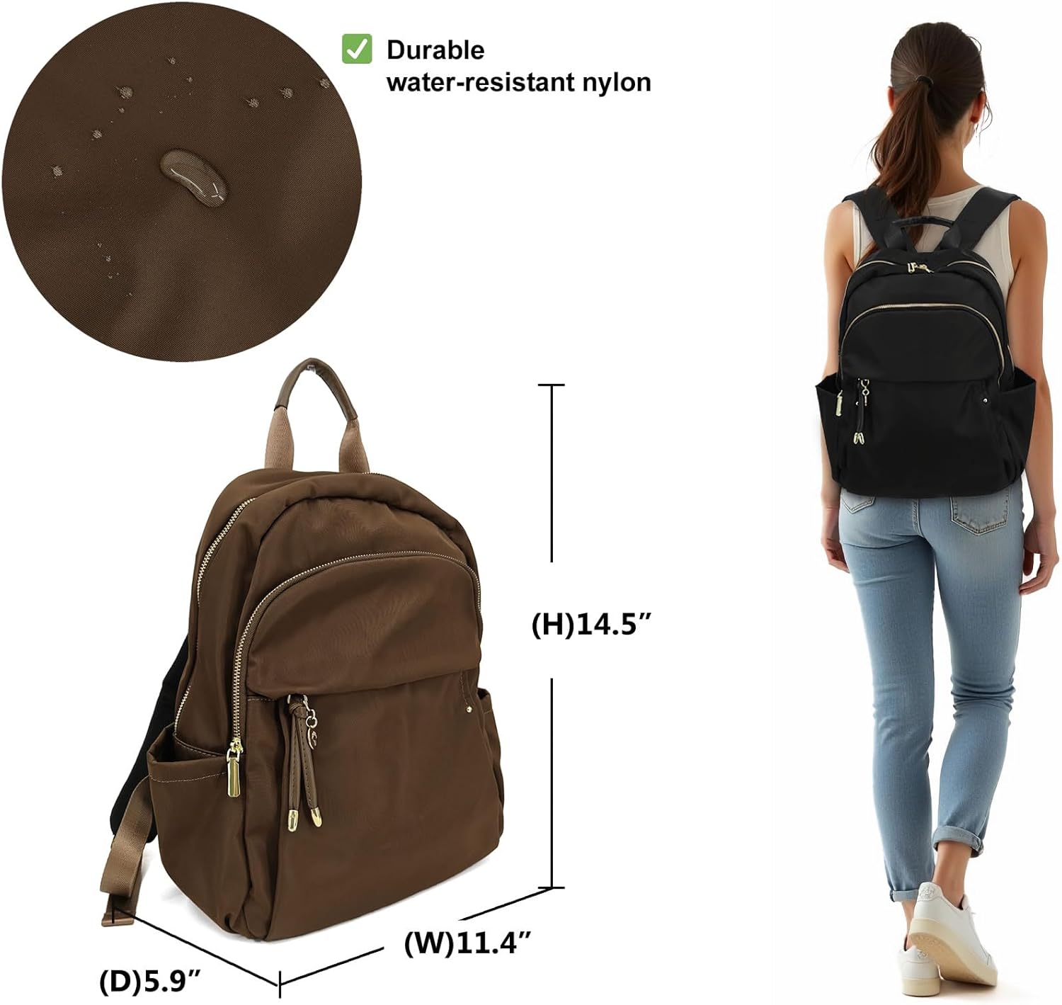 M-ioi-M Medium Backpack Purse for Women, Fashion Nylon Daypack with Gold Hardware, Lightweight Water-Resistant Rucksack for College, Work, Travel, Everyday Use, Fits 13–14" Laptop(Walnut Brown,Medium)